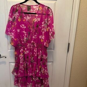 Taylor Petite Floral Pink Dress with Ruffle Hem Smocked Waist Lined Size 16P